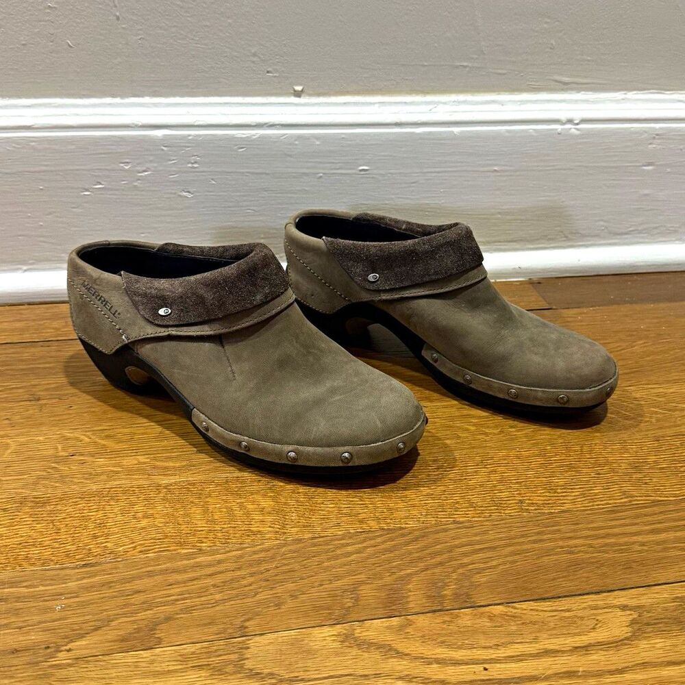Merrell Encore Womens 7M Gray Suede Slip On Clog Mule Comfort Cushioned Wedge